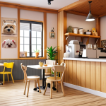 **

A bright, inviting pet cafe interior. Focus on a clean reception area with happy pets and customers. Emphasize the cleanliness and absence of dirt or fur.

**