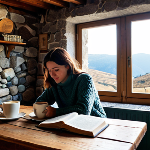 **

"A cozy, rustic café interior in the Serra da Estrela mountains of Portugal.  The scene features a woman, fully clothed in a warm sweater and jeans, sitting at a wooden table near a stone fireplace, enjoying a cup of coffee.  The cafe is decorated with antique furniture, books, and local crafts. Outside the window, snow-capped mountains are visible.  Atmospheric lighting, professional photography, perfect anatomy, natural proportions, safe for work, appropriate content, family-friendly, modest clothing."

**