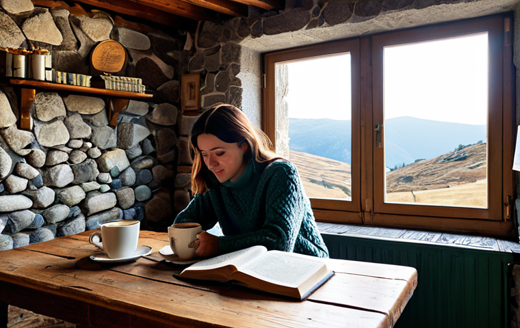 **

"A cozy, rustic café interior in the Serra da Estrela mountains of Portugal.  The scene features a woman, fully clothed in a warm sweater and jeans, sitting at a wooden table near a stone fireplace, enjoying a cup of coffee.  The cafe is decorated with antique furniture, books, and local crafts. Outside the window, snow-capped mountains are visible.  Atmospheric lighting, professional photography, perfect anatomy, natural proportions, safe for work, appropriate content, family-friendly, modest clothing."

**