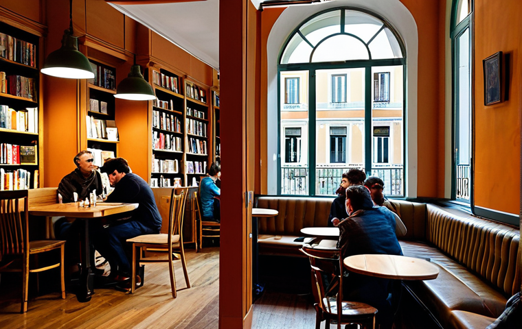 야간 운영 이색카페 - The Coffee Library, Lisbon - Day & Night Transformation**
Prompt: "A cozy coffee shop interior duri...