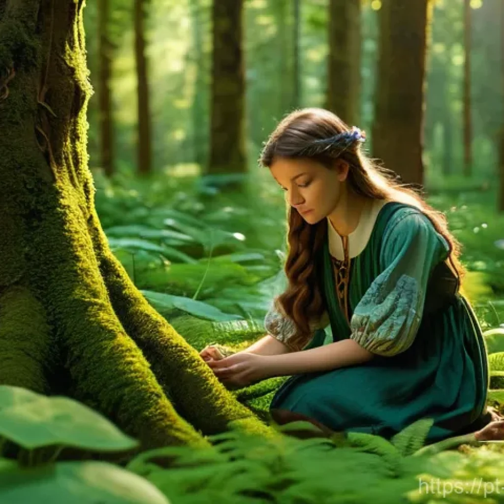 감성적인 카페 브랜딩 전략 - A young woman, approximately 20-25 years old, with long, braided brown hair, is gently kneeling in a...