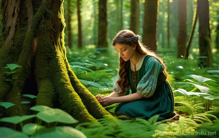 감성적인 카페 브랜딩 전략 - A young woman, approximately 20-25 years old, with long, braided brown hair, is gently kneeling in a...