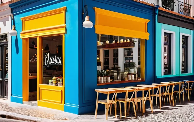 이색카페 위치 선정 전략 - **Prompt:** A bustling, vibrant coffee shop in a sun-drenched, "instagrammable" style, situated on a...