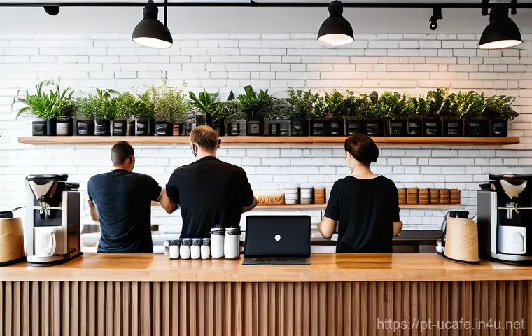 이색카페 위치 선정 전략 - **Prompt:** A bustling, vibrant coffee shop in a sun-drenched, "instagrammable" style, situated on a...