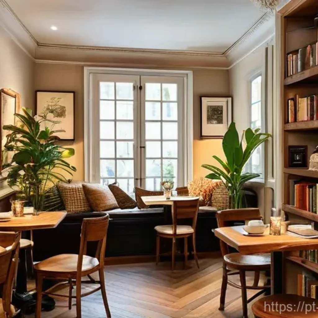 컨셉카페 운영 노하우 - **Prompt:** "A cozy and inviting literary-themed caf&eacute;, reminiscent of a charming bookstore in Lisbon...