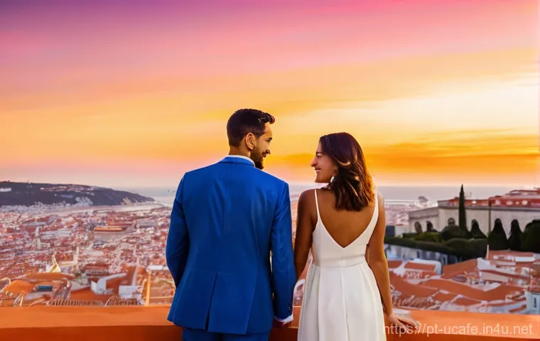 야외 루프탑 이색카페 추천 - **Romantic Sunset over Lisbon's Historic Rooftops**
"A romantic Portuguese couple, mid-20s to ea...