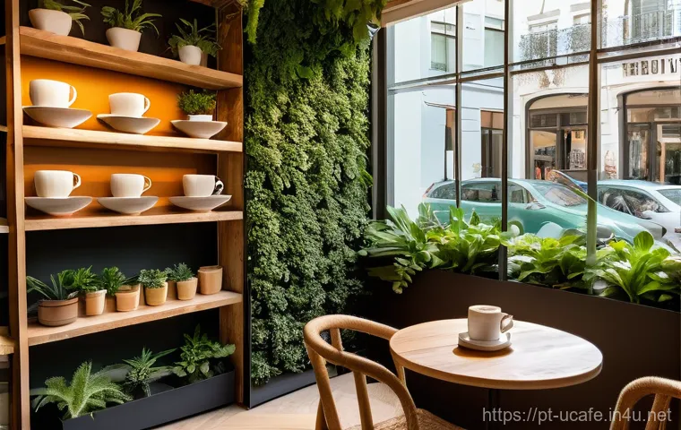 특수 컨셉 이색카페 차별화 - **Prompt 1: Lisbon's Biophilic Coffee Haven**
"A cozy, sun-drenched concept coffee shop in Lisbo...