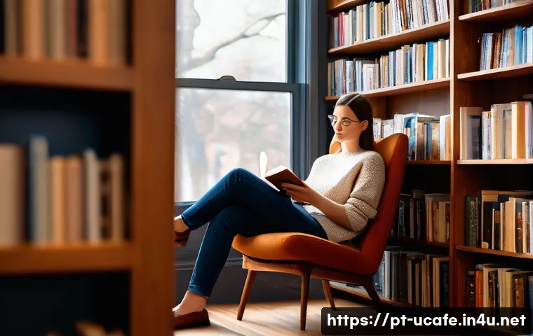서점과 결합된 복합문화공간 카페 - **Prompt:** A cozy, inviting book-caf&eacute; interior at golden hour. A young adult, wearing comfortable b...