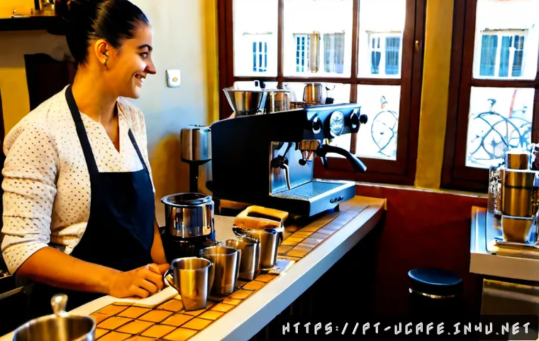 바리스타 체험이 가능한 이색카페 - Photorealistic inviting specialty coffee workshop in a charming Portuguese café, an adult guest lear...
